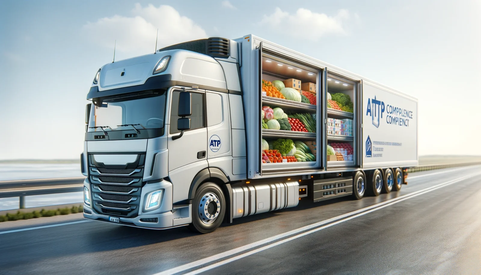 Dall·e 2024 05 19 15.33.22 a realistic image of a modern refrigerated truck transporting perishable goods on a highway. the truck is driving under a clear sky with visible atp Dall·e 2024 05 19 15.33.22 a realistic image of a modern refrigerated truck transporting perishable goods on a highway. the truck is driving under a clear sky with visible atp